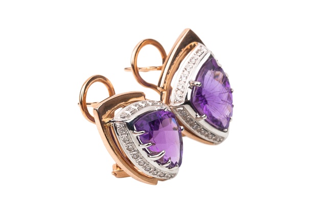 Золоті сережки з аметистом та діамантами 12288, Фіолетовий|Білий