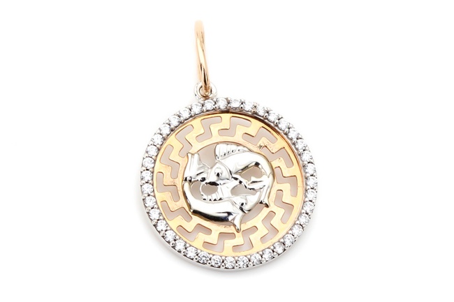 Золота підвіска кругла знак зодіаку Риби з фіанітами КР13313, Білий