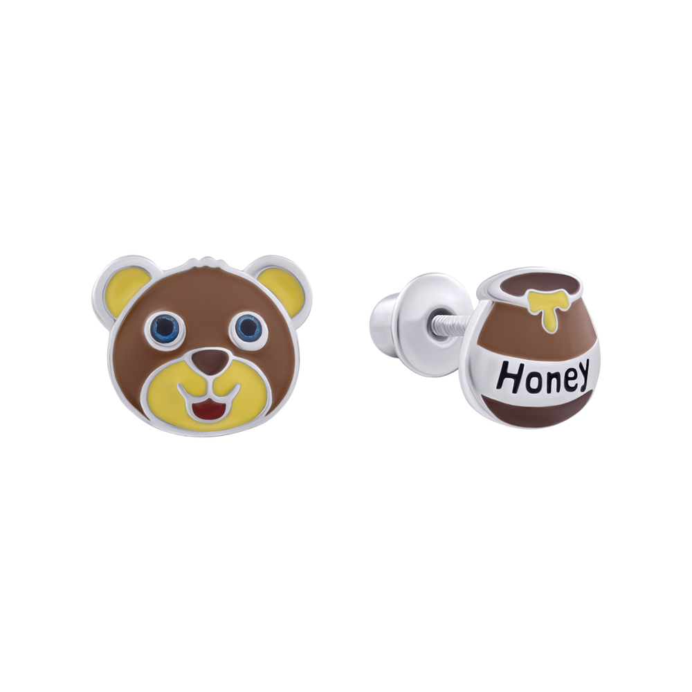 Детские серебряные сережки пусеты Медвежонок с медом 2105699006330501, Коричневый, UmaUmi Zoo