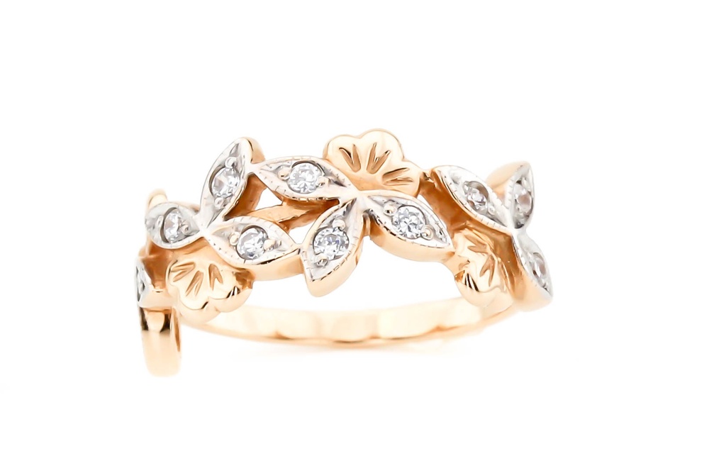 Золотое кольцо с листиками с белыми фианитами 11790, 17 размер
