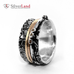 Серебряное кольцо с золотом "EJ Artefact" с чернением и желтыми камнями Арт. 1049/EJ