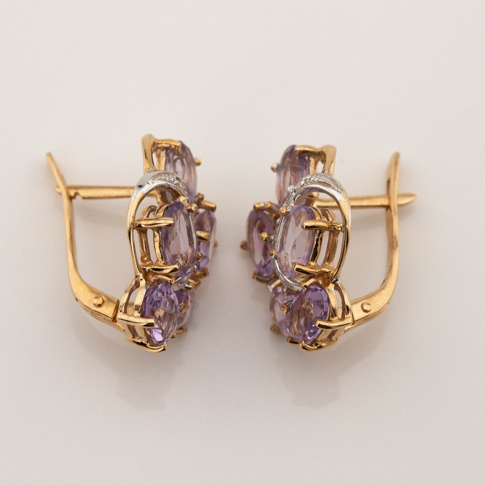 Золотые серьги с аметистами овал и фианитами 12712am, Фиолетовый