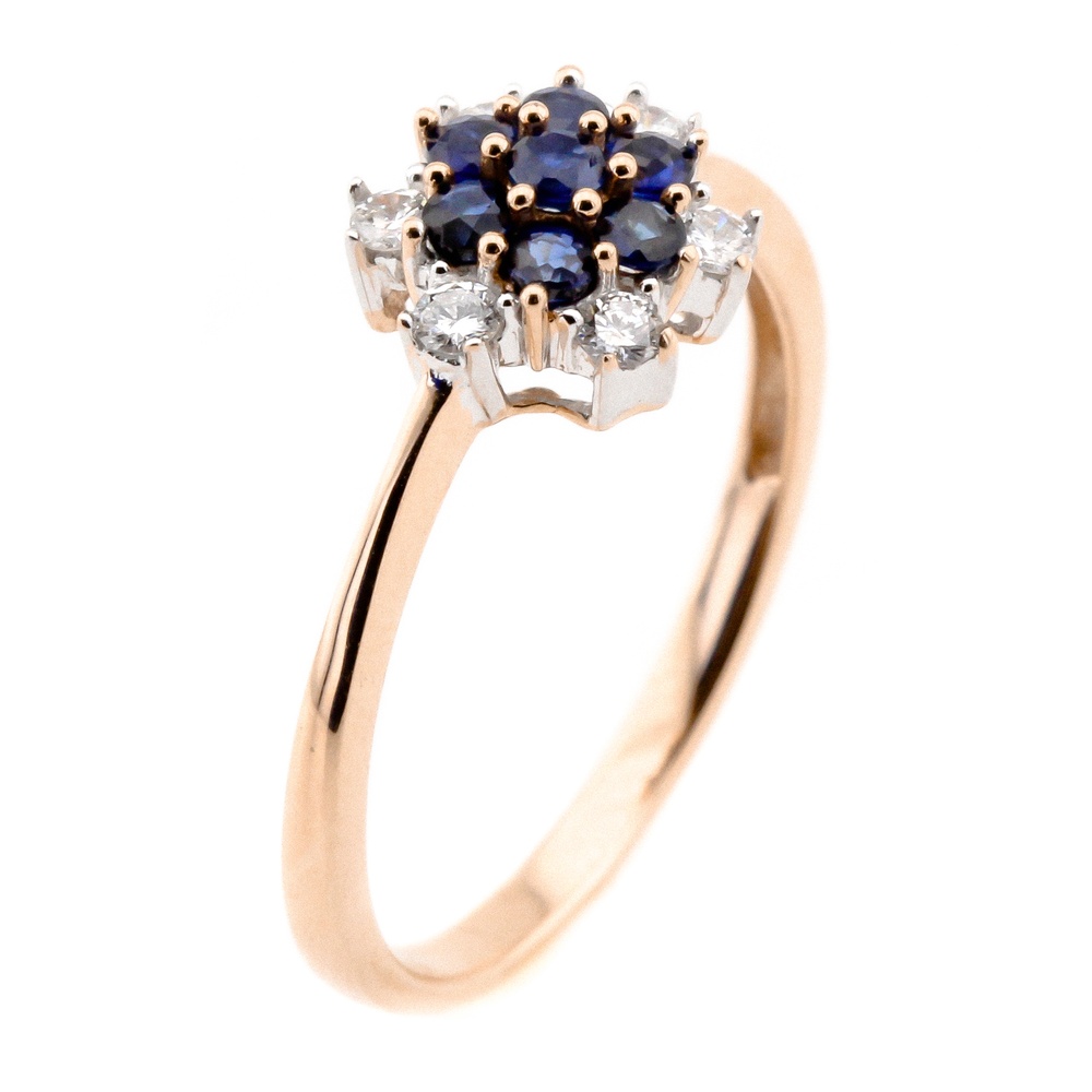 Классическое Золотое кольцо тонкое с бриллиантами и сапфирами в виде цветка YZ17080, 16,5 размер