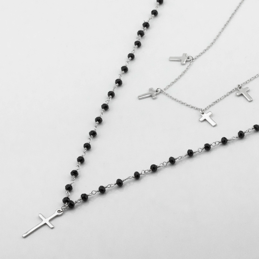 Подвійне срібне кольє довге коротке з хрестиками з чорними фіанітами ko14572, 40 розмір