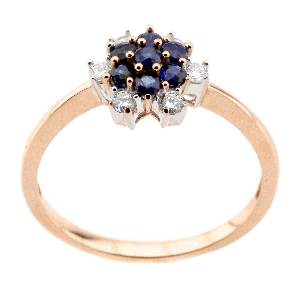 Классическое Золотое кольцо тонкое с бриллиантами и сапфирами в виде цветка YZ17080, 16,5 размер