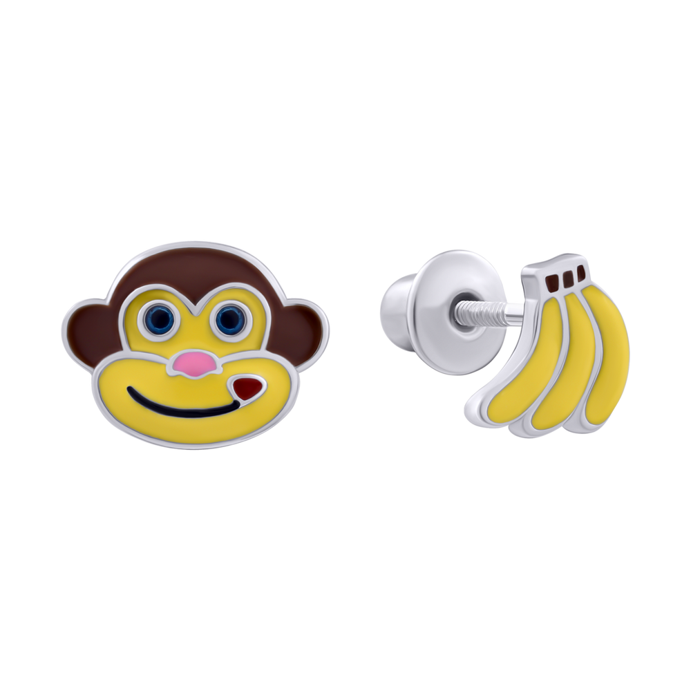 Дитячі срібні сережки гвоздики Мавпочка з бананами жовті з емаллю 2105714006050501, Жовтий, UmaUmi Zoo