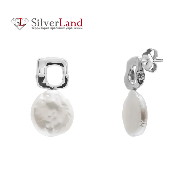 Срібні сережки-підвіски з річковим перлами бароко і фіанітами Арт. ms327, Перламутровий