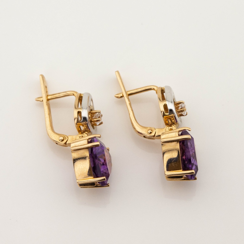 Золоті сережки з аметистом трильйон та фіанітами 12118am, Фіолетовий