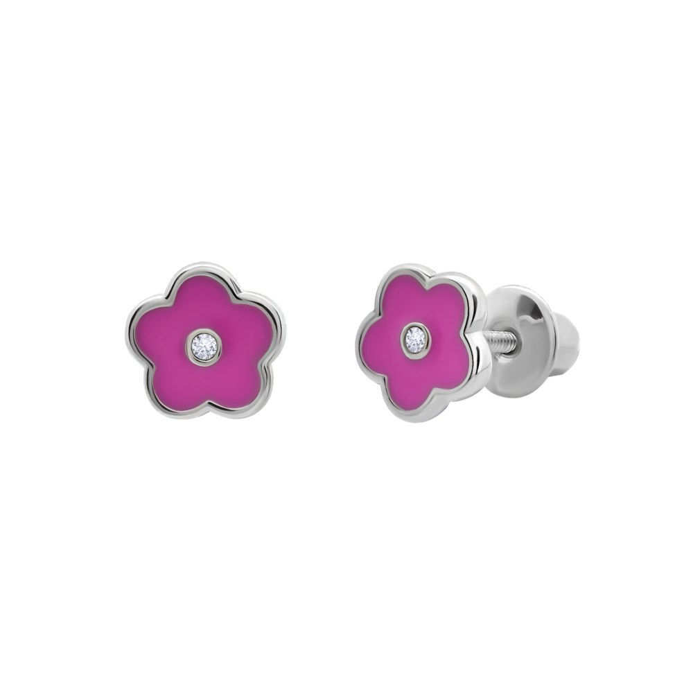 Дитячі сережки пусети (гвоздики) Квіточка з рожевою емаллю з Swarovski срібло 925 (7х7) Арт. 5606uup