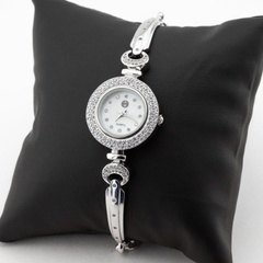 Срібний годинник жіночий з білими фіанітамі (круглий) watch014, Білий
