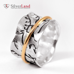 Широкое кольцо из серебра с золотом "EJ Hedera helix" с гравировкой в виде витиеватого плюща Арт. 1052/EJ