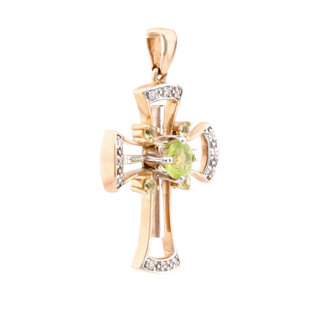 Золотий хрестик з зеленим хризолітами та фіанітами 13101-2, Зелений