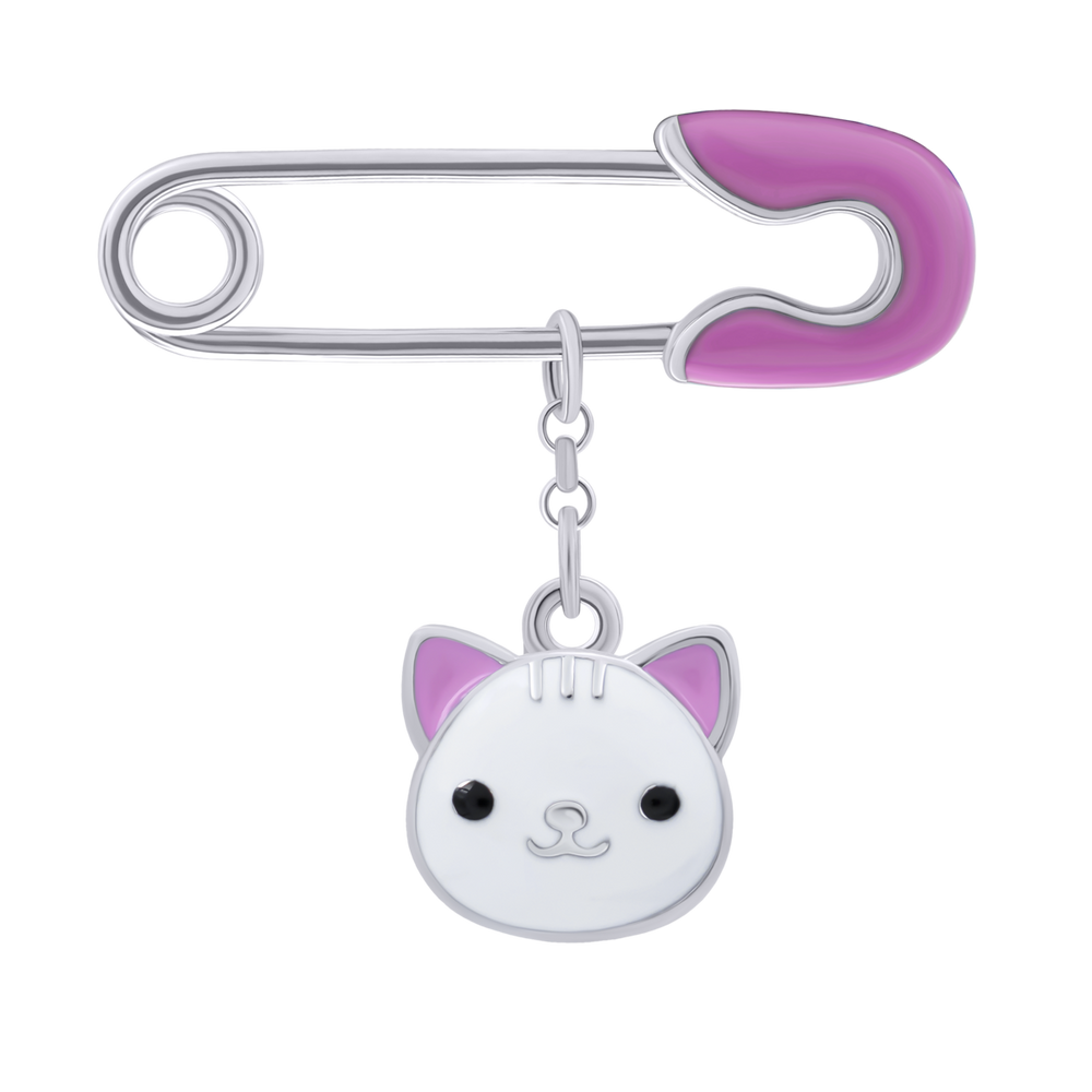 Срібна шпилька з підвіскою Котик з лапкою з емаллю (дитяча) 6195593006030501, Білий|Рожевий, UmaUmi Accessories