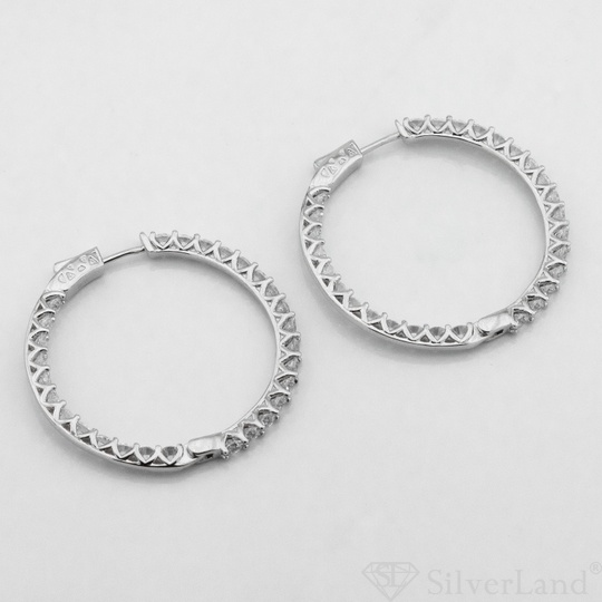 Серебряные серьги-кольца средние Дорожки с белыми фианитами c121595, Белый