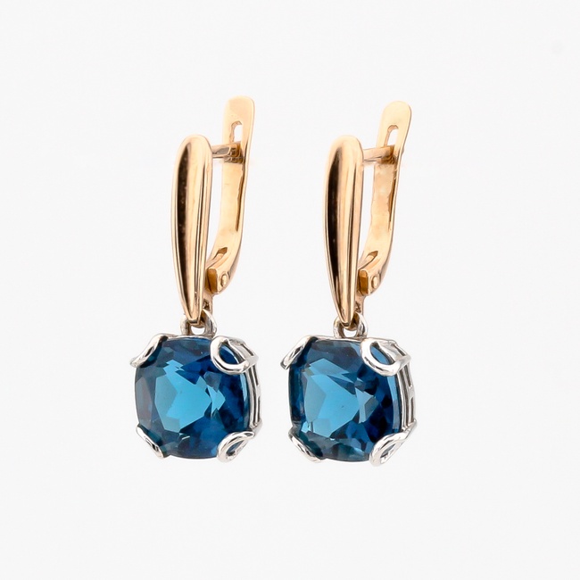 Золоті сережки-підвіски з синім каменем лондон топазом (антик) 121012lontop, Синій