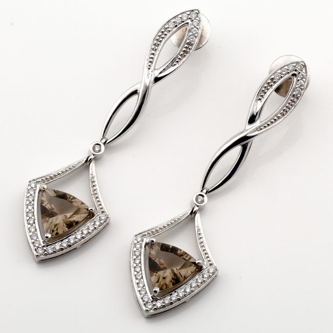 Золоті довгі сережки-підвіски з димчастим кварцом та діамантами з білого золота 12347diasq, Коричневий
