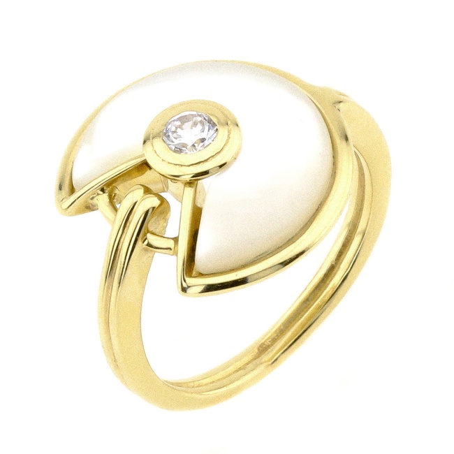 Кольцо из желтого золота 585 с перламутром и фианитом КК11032, 17,5 размер, 17-5, Белый