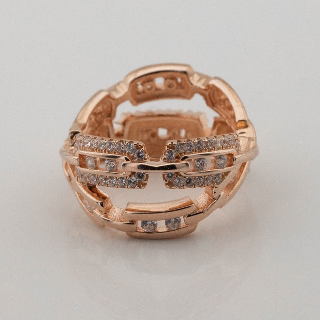 Срібний перстень широкий Ланцюг з білими фіанітами з рожевою позолотою k111602, 16 розмір