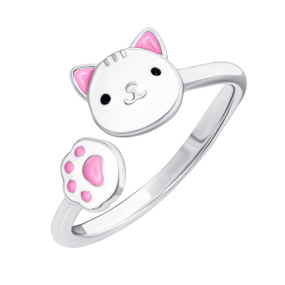 Детское кольцо Котик с лапкой с белой и розовой эмалью 1195593006031701, Белый, UmaUmi Pets