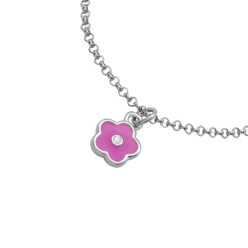 Срібний дитячий браслет-ланцюг з підвісками Квіточка Рожевий з емаллю (16) Арт. 5606uub