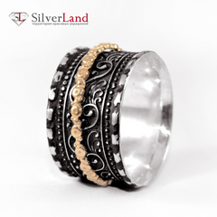 Широкое кольцо из черненого серебра с золотом "EJ Karma" рельефное с индийским орнаментом Арт. 1055/EJ