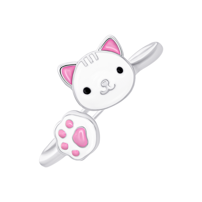 Дитяча каблучка Котик з лапкою із білою та рожевою емаллю 1195593006031701, Білий, UmaUmi Pets