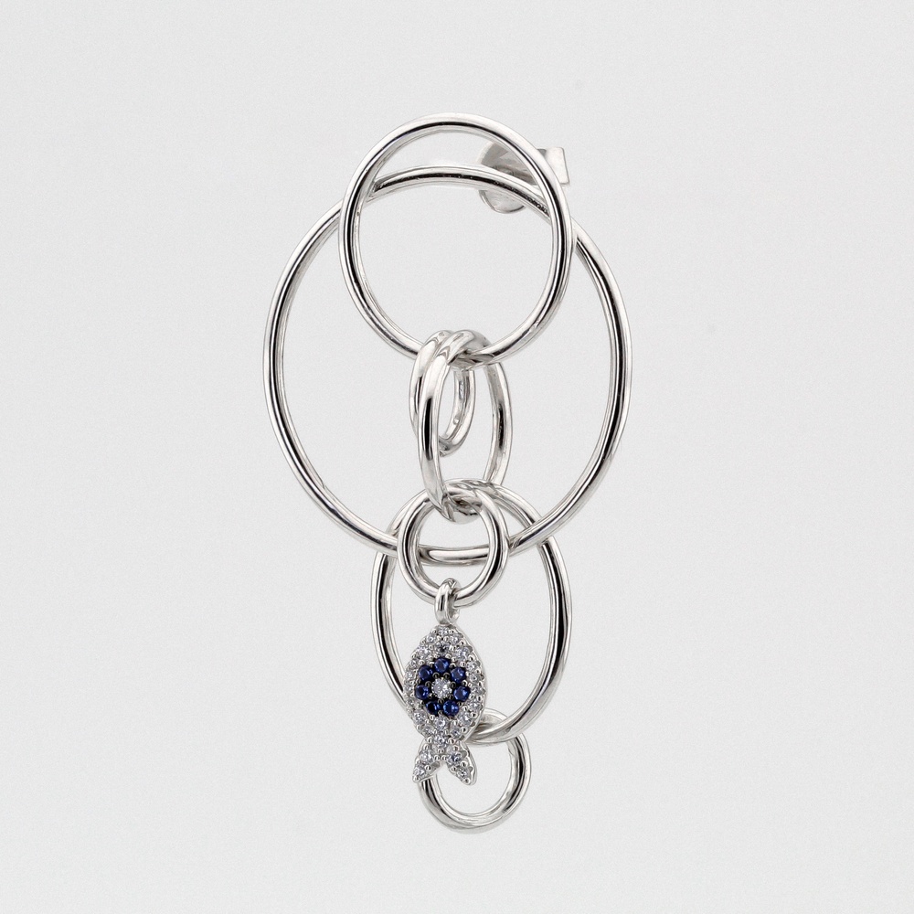 Серебряная моносерьга "Рыбка" с кольцами C12780, Синий|Белый