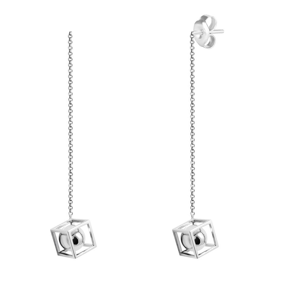 Срібні сережки-підвіски довгі "Куля в кубі" на ланцюжку Арт. Msp299