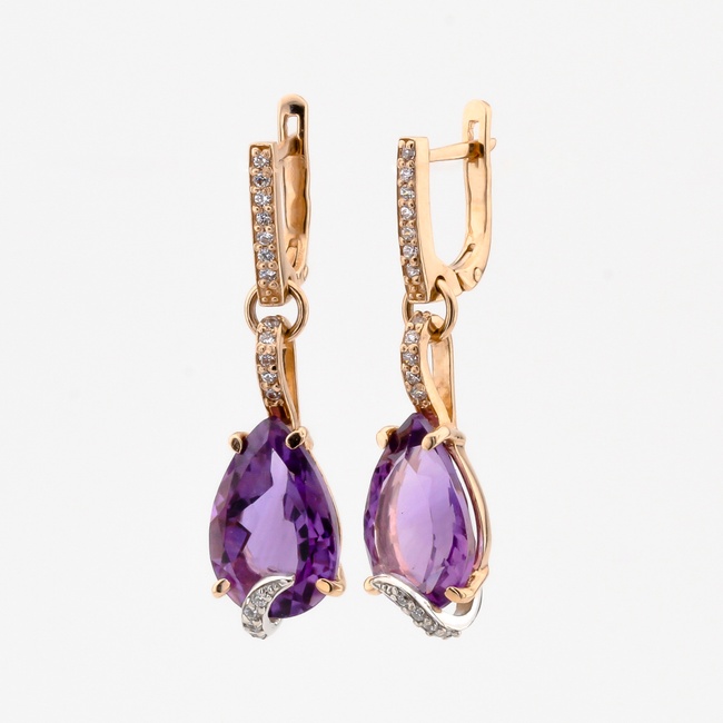 Золоті сережки-підвіски з фіолетовими аметистами (груша/крапля) та фіанітами 12800am, Фіолетовий