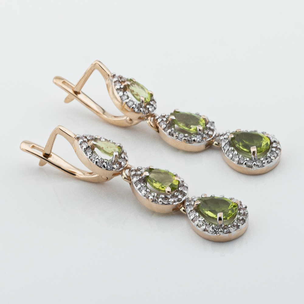 Золоті сережки-підвіски Три краплі з зеленим хризолітом і фіанітами 12908chr