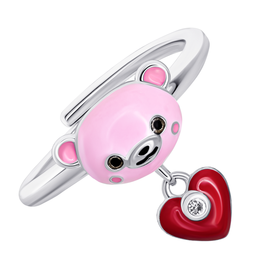 Детское кольцо Мишутка с сердцем с розовой, красной эмалью и фианитом 1195827006411701, Розовый|Красный, UmaUmi Pets