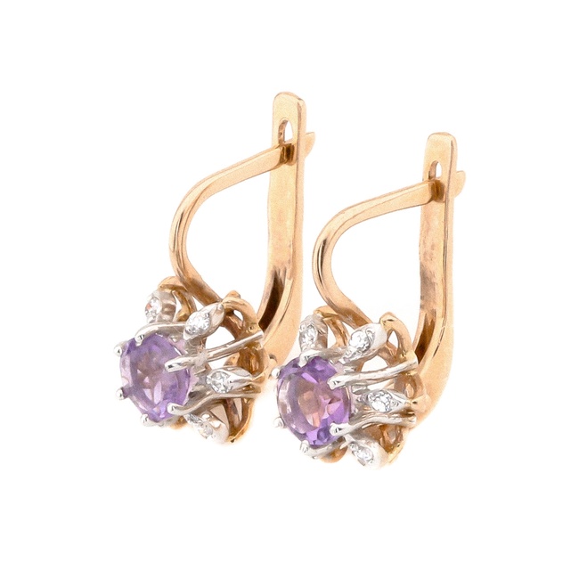 Золоті класичні сережки з аметистами та фіанітами в формі квітки 12932am, Фіолетовий
