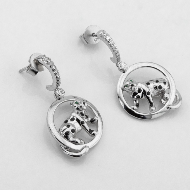 Серебряные серьги-висюльки Пантеры c121592, Белый