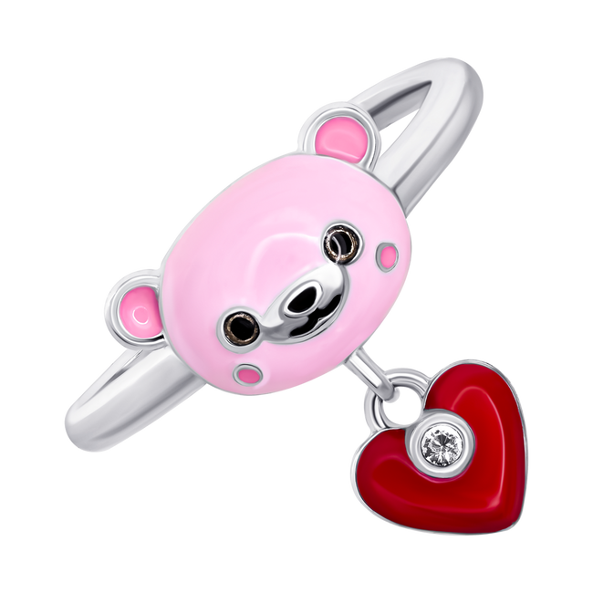 Детское кольцо Мишутка с сердцем с розовой, красной эмалью и фианитом 1195827006411701, Розовый|Красный, UmaUmi Pets