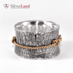 Серебряное широкое кольцо с золотыми элементами "EJ Abbot" текстурное Арт. 1058/EJ