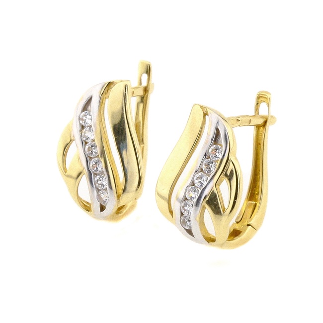 Золоті фігурні сережки широкі з фіанітами доріжкою C12527, Білий