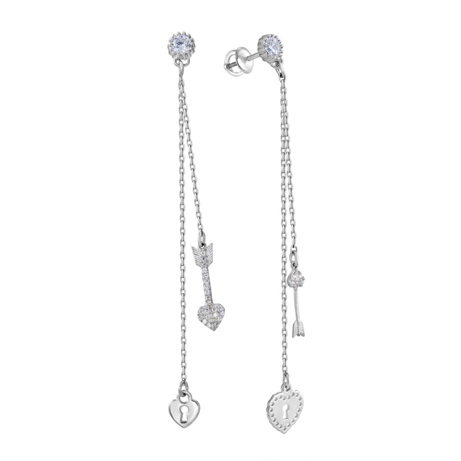 Срібні сережки довгі різні "Стріла Замочок Серце" на ланцюжку з фіанітами 923506-H, Білий
