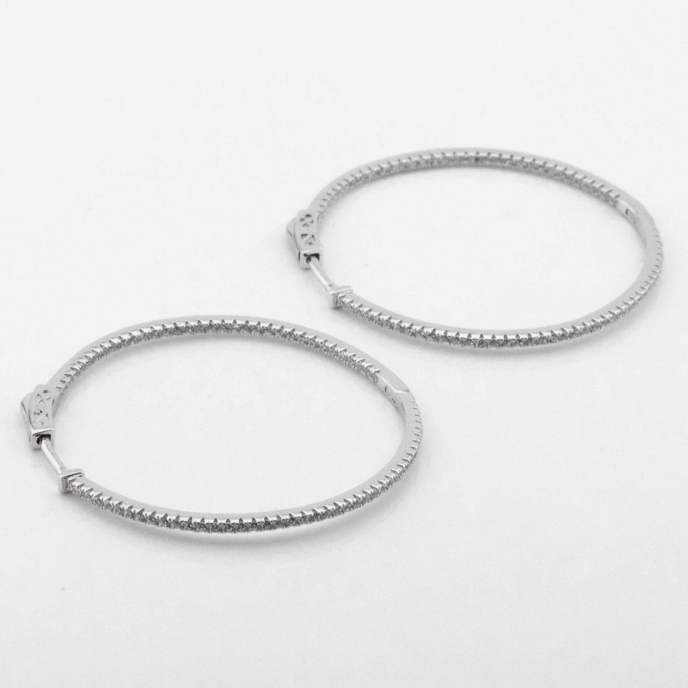 Серебряные серьги-кольца (конго) тонкие Дорожки с белыми фианитами (D 3,8 см) c121583, Белый