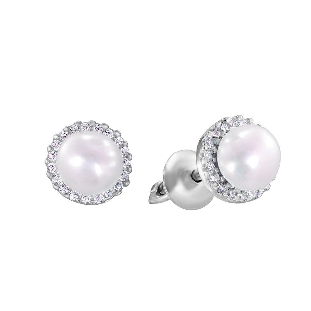 Срібні сережки гвоздики (пусети) з перлами і фіанітами Арт. c23082, Білий