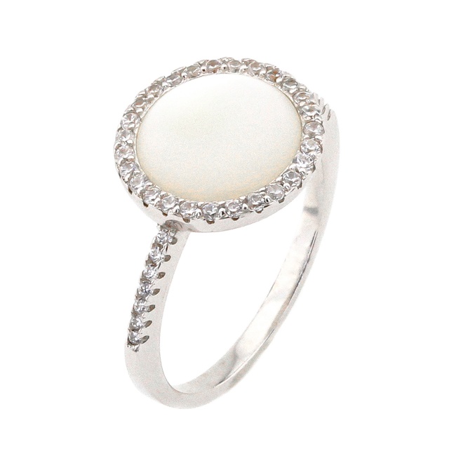 Серебряное кольцо кружок с белым перламутром и фианитами СК11012, 18 размер, 18, Белый