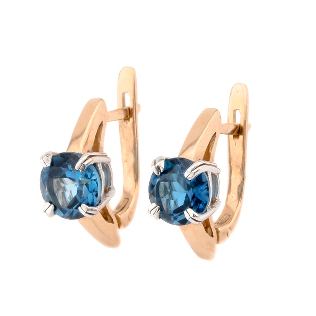 Золоті сережки класичні з синім каменем лондон топазом 12707lontop, Синій