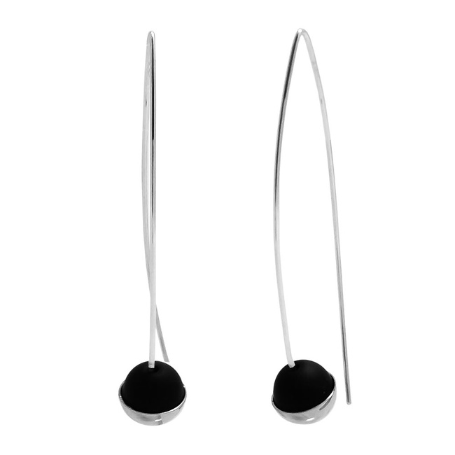 Серебряные серьги-петли висячие «Желуди Шарики» с черным обсидианом, ms370, Черный