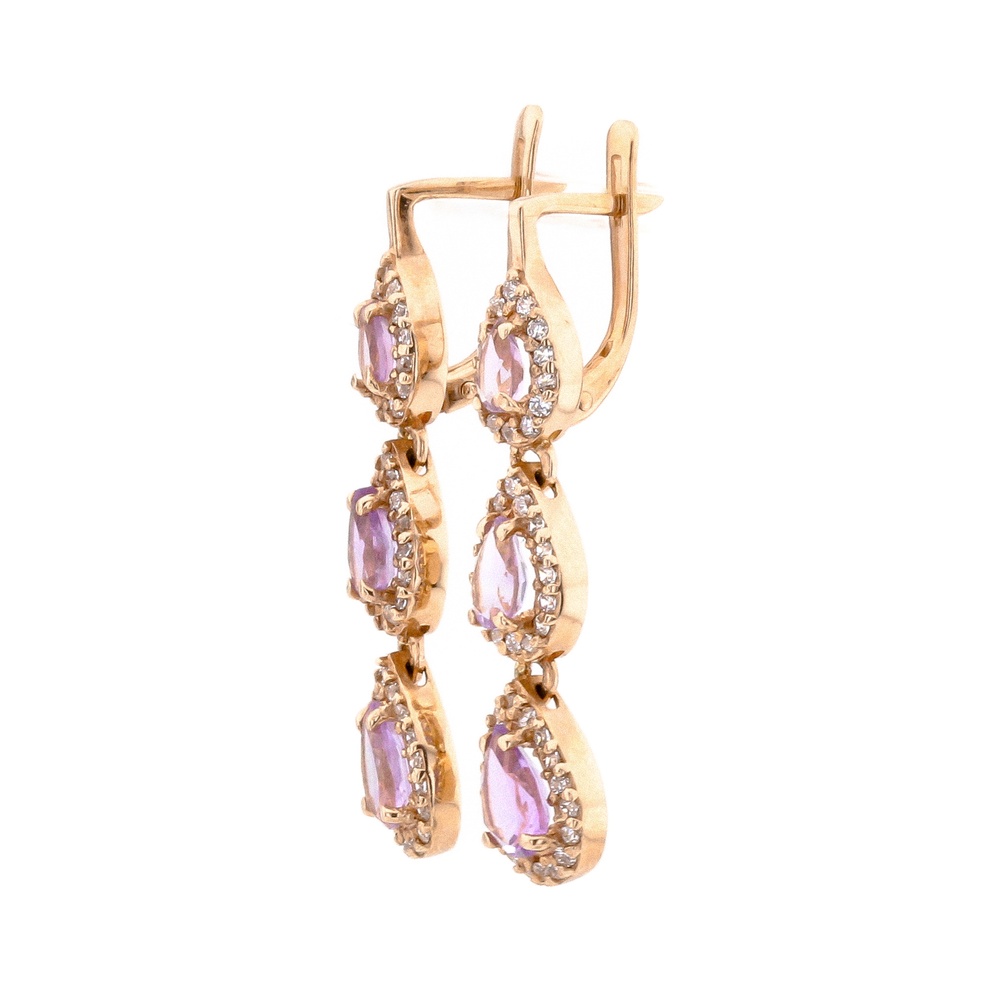 Золоті довгі сережки-підвіски "Крапельки" з аметистами та фіанітами 12908am, Фіолетовий