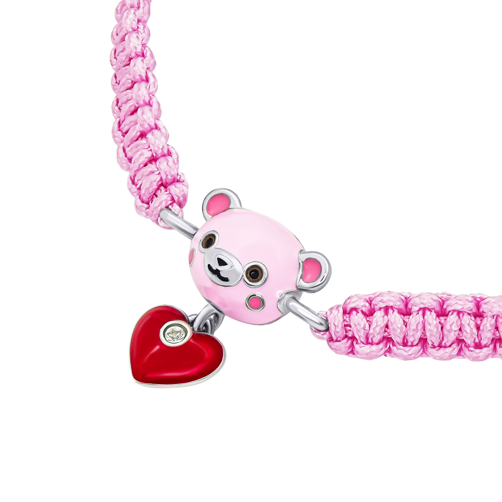 Дитячий браслет плетений Ведмежатко з серцем із рожевою, червоною емаллю та фіанітом рожевий 4195827026410411, Рожевий, Рожевий|Червоний, UmaUmi Pets