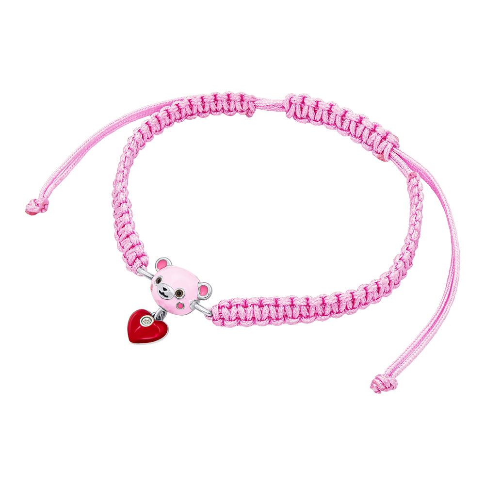 Детский браслет плетеный Мишутка с сердцем с розовой, красной эмалью и фианитом розовый 4195827026410411, Розовый, Розовый|Красный, UmaUmi Pets
