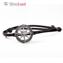 Кожаный браслет-шнурок с серебряным компасом EJ Compass 4014/Ejв чёрный