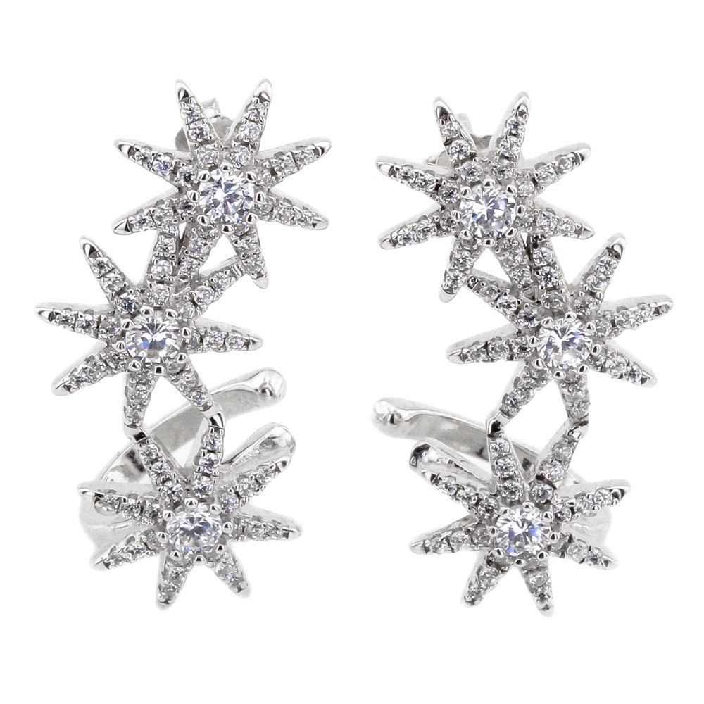 Срібні сережки-Кафи гвоздиками Зірки з фіанітами C12564, Білий