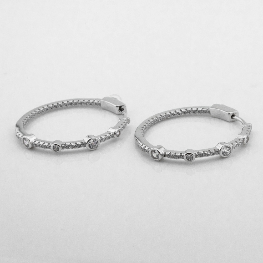 Срібні сережки-кільця тонкі Камінці з білими фіанітами (D 3) c121659, Білий
