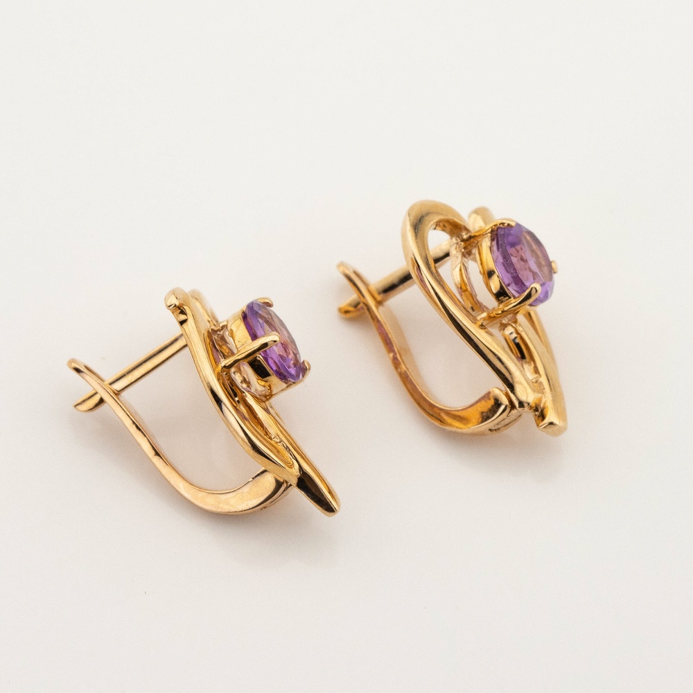 Золоті сережки Гілочка з аметистами та фіанітами класичні 12724am, Фіолетовий