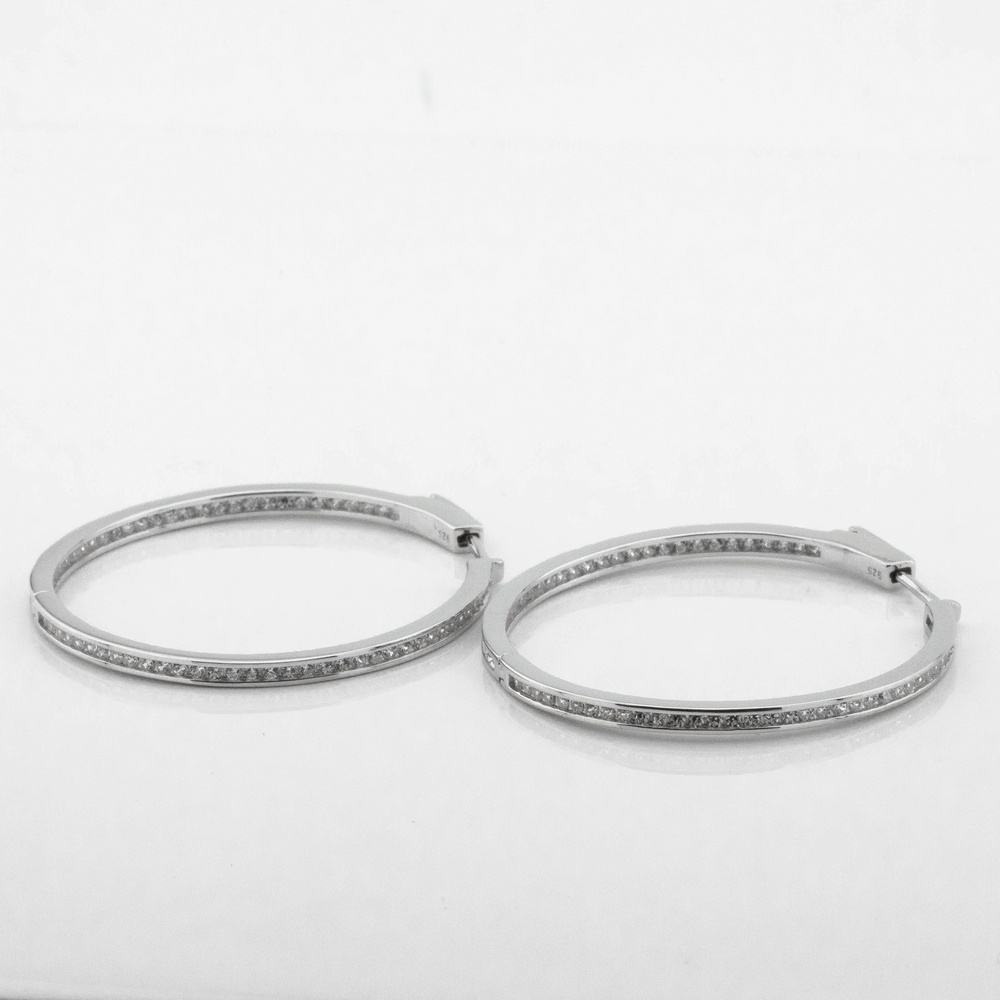 Серебряные серьги-кольца Дорожки тонкие с белыми фианитами (D 3,5) c121550, Белый